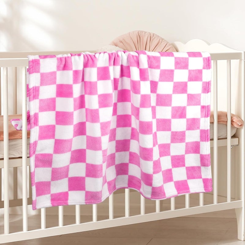 GreatBba Plush Checkered Baby Blanket for Boys Girls Nursery, 30"*40" Warm Short Fleece Blanket Neutral for Infant Newborn, Small Fuzzy for Sleeping, Chenille Baby for Stroller (Pink&White) - Image 3